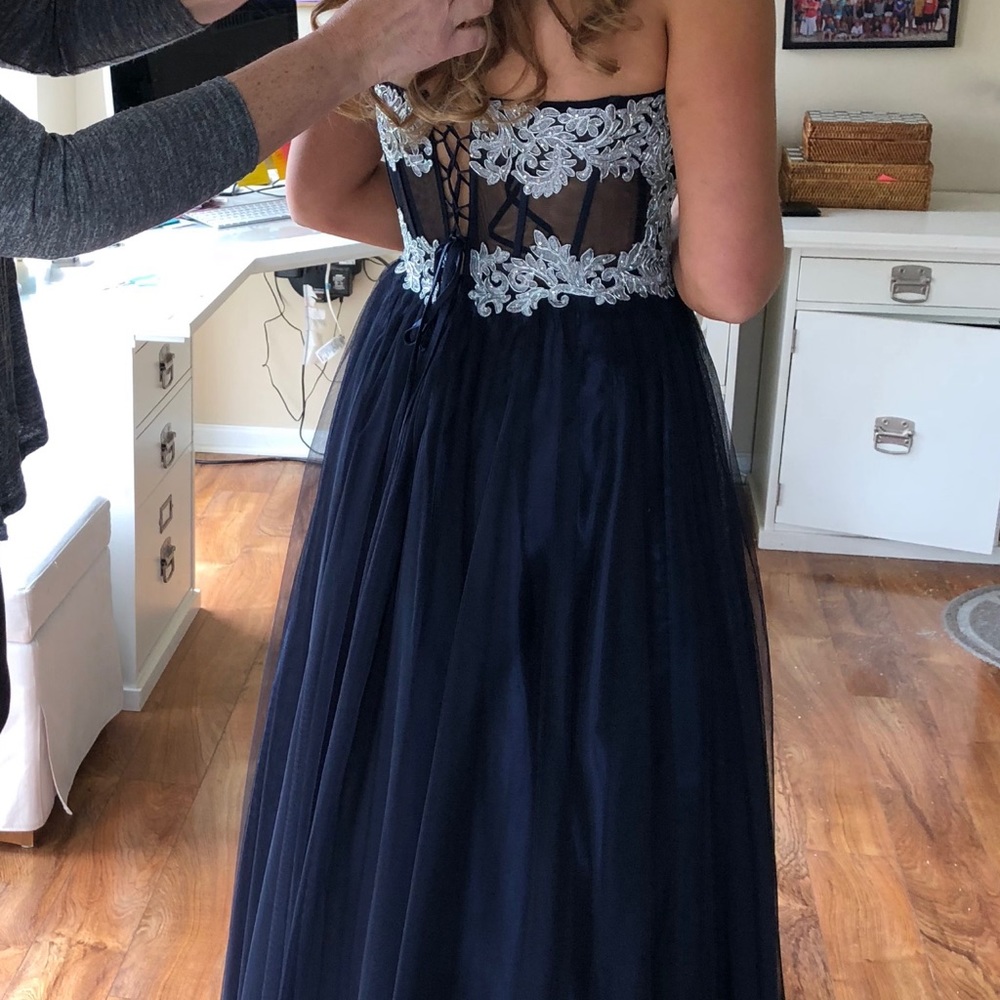 Navy Blue and Silver  Prom Dress